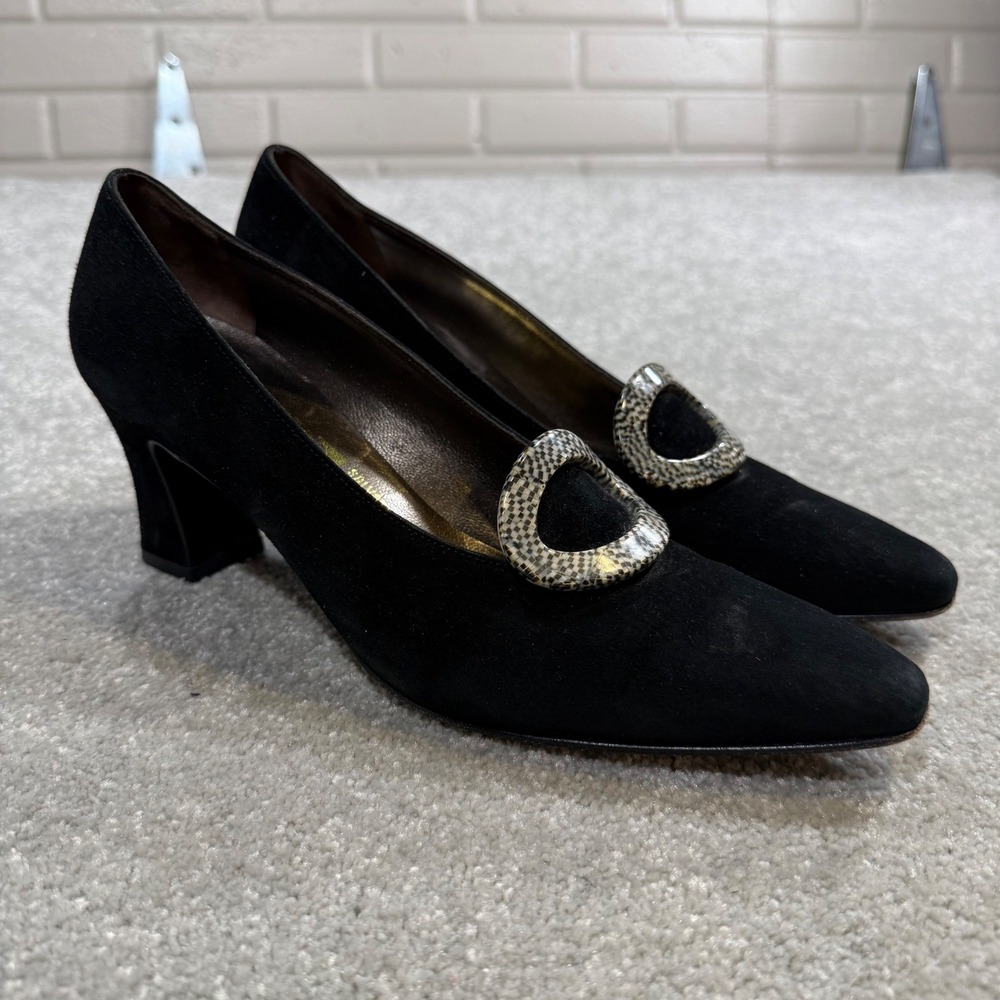Vintage Salvatore Ferragamo Pilgrim Black Suede Block Heel Pump Buckle 8AA Italy - Picture 2 of 16